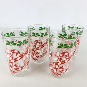 Set 4 Vintage Hazel Atlas Christmas Candy Cane Holly Glasses Tumbler Mid Century